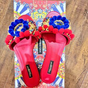 Dolce & Gabbana D&G Red Leather Pom Pom Flat Sandals shoes Size 36